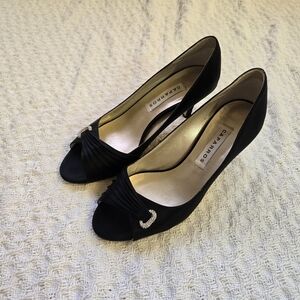 Caparros Black Satin Peep Toe Heels Rhinestone Detail Kitten Heel
